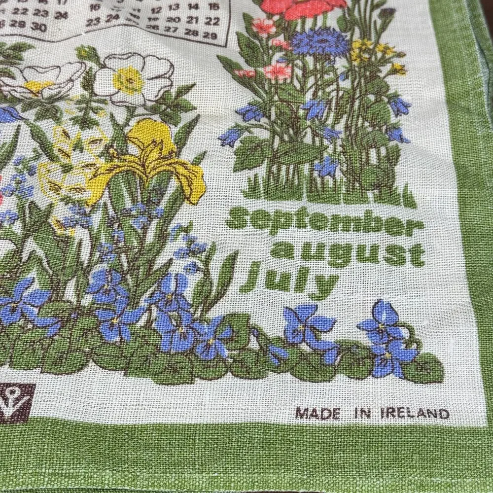 Vintage 1984 Calendar Towel Irish Linen Leap Year Floral 18x28